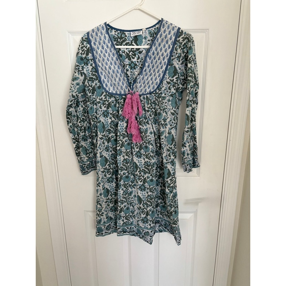 SZ Blockprints Floral Kaftan Kitty‎ Tasseled Boho Travel Dress Medium Women's